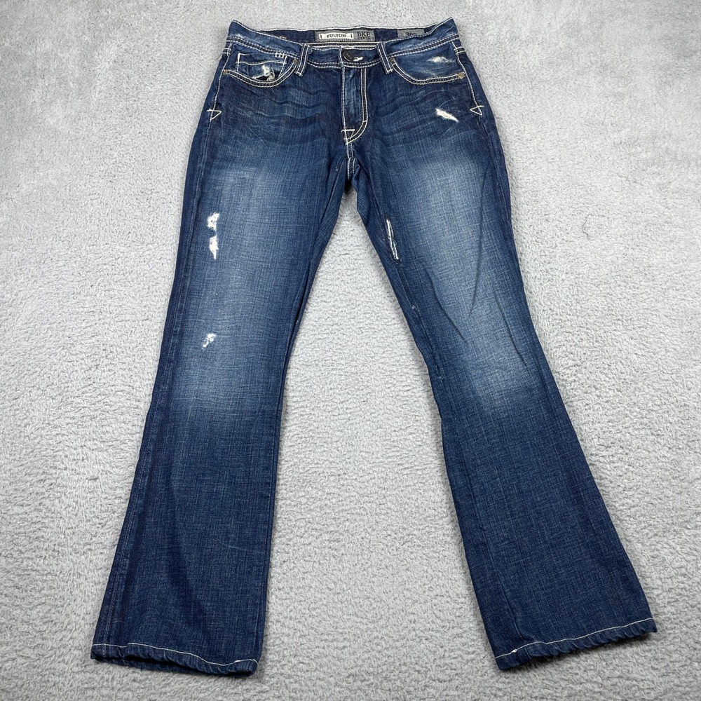 BKE Fulton Straight Leg Jeans Mens 30R (Fits‎ 30x30) Blue Distressed Denim